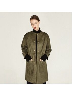 ZARA Women’s Size Medium Faux Suede Olive Green Button-Down Coat Gold Buttons